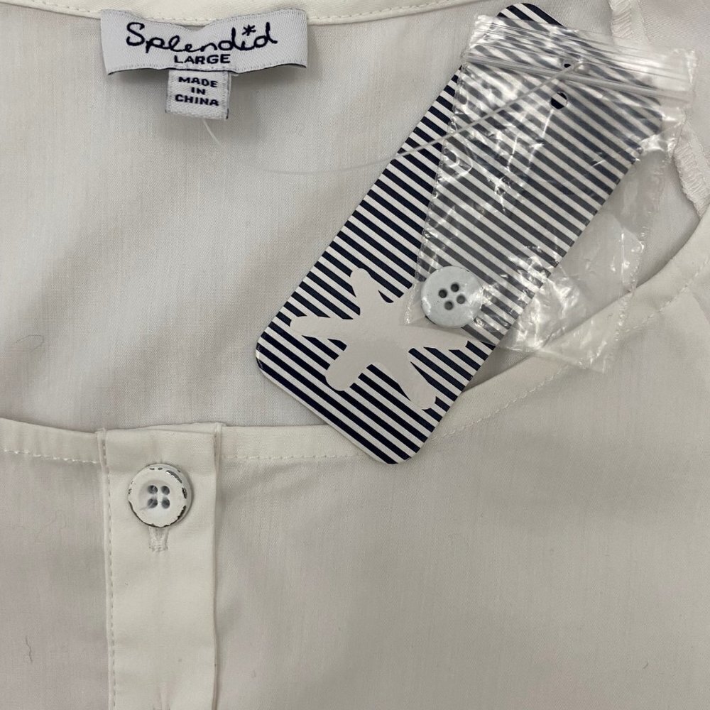 Splendid White Round Neck Button-Placket Ruffle-Sleeve Poplin Shirt Womens Large - Picture 9 of 11